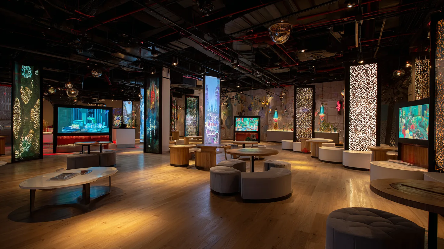 Warm multifunctional cultural lounge with rounded seating and heritage-themed digital kiosks