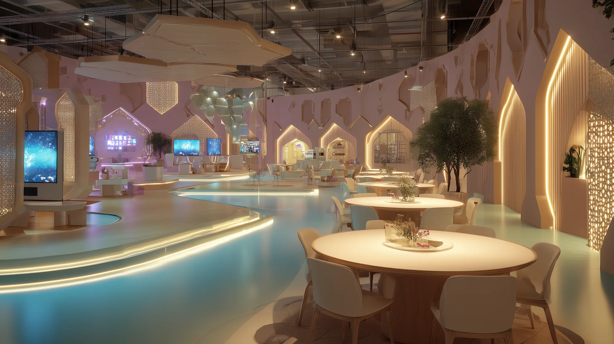 Pastel pink-tone cultural innovation zone with curved neon-lit floor and arabesque arch niches