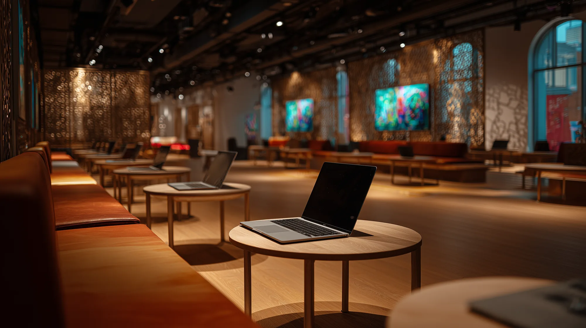 Warm tech lounge with laptop stations, track lighting and colourful heritage artwork panels