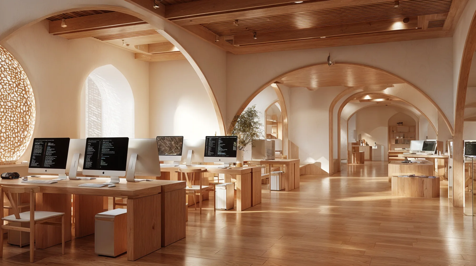 Islamic-arch computer lab with wooden arched ceiling, iMac workstations and arabesque wall decoration