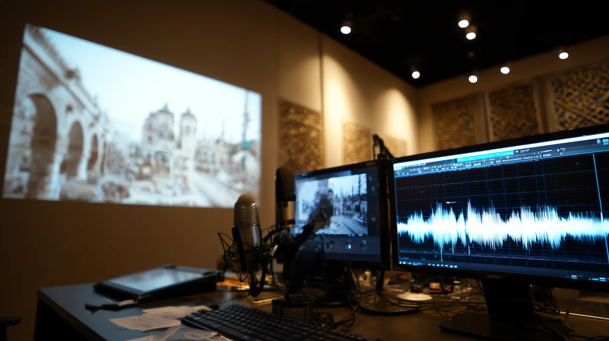 Audio-visual studio with condenser microphone, editing monitors and Mecca heritage projection