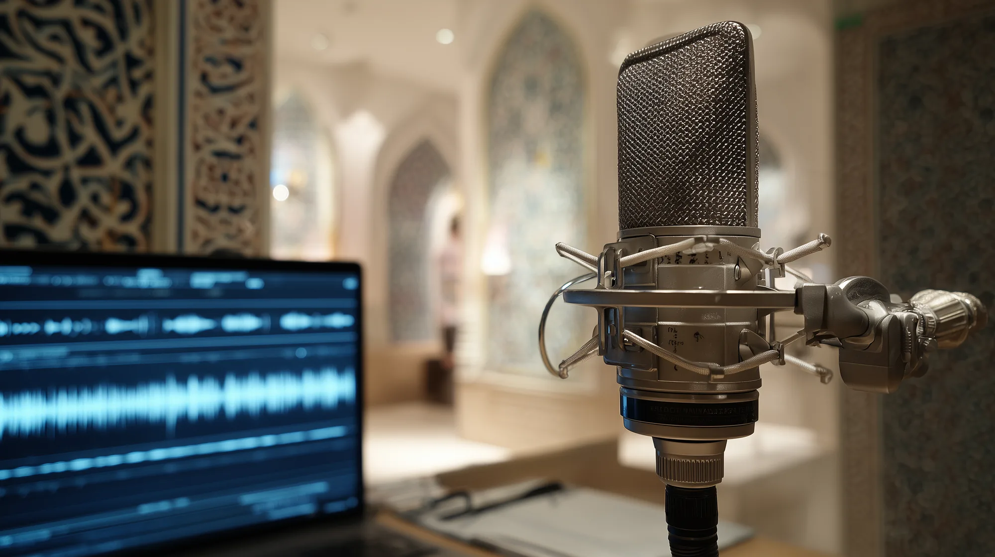 Close-up of studio condenser microphone with arabesque-tiled mosque corridor in soft focus