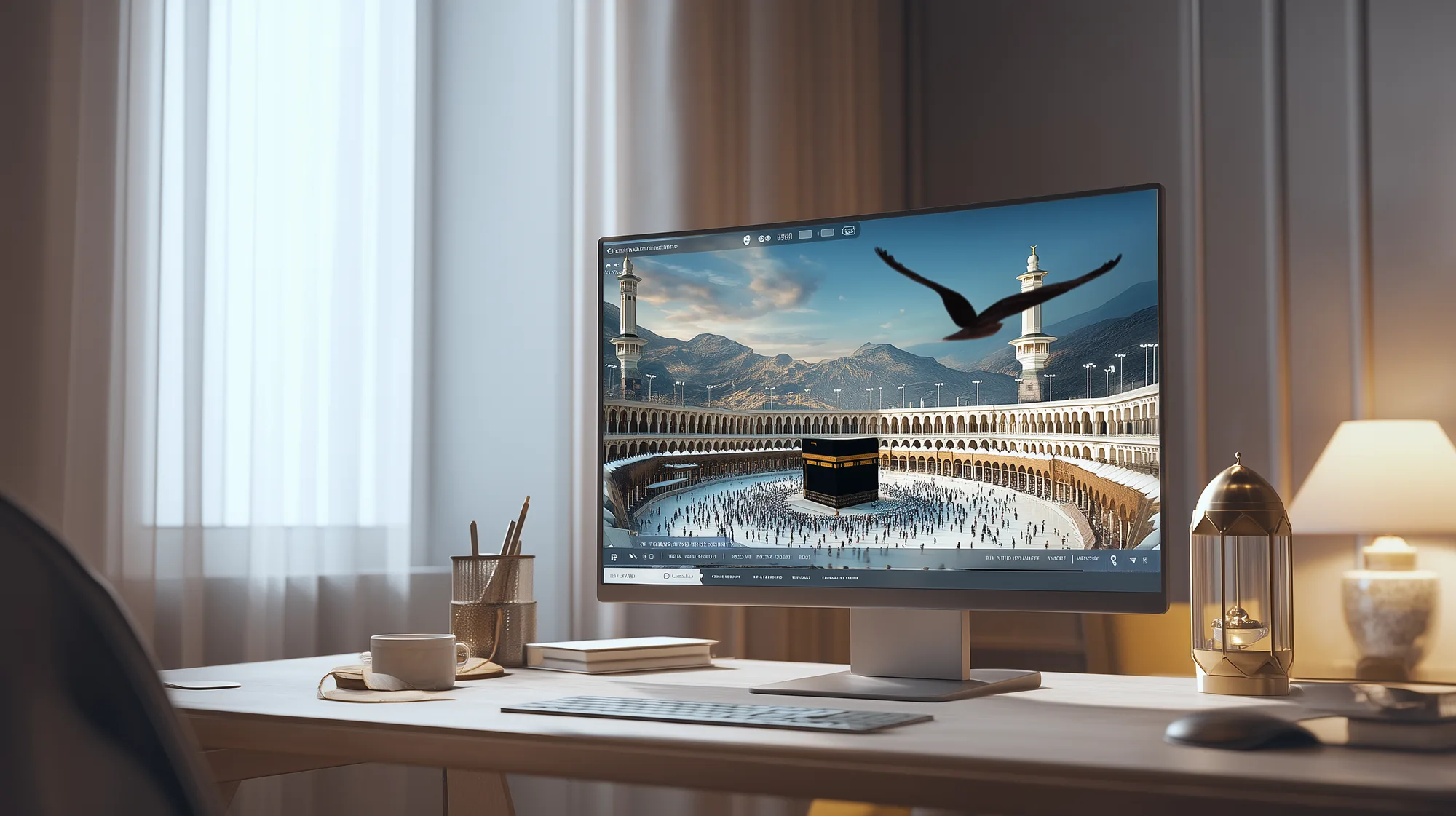 Desktop monitor displaying an aerial digital render of the Grand Mosque in Mecca