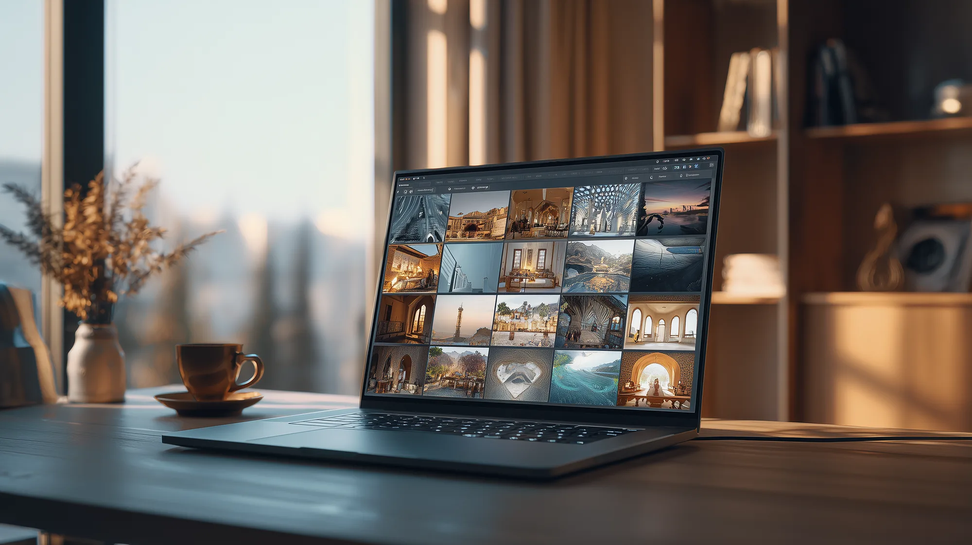 Laptop on a desk showing a heritage image library grid from the Mecca Tech Hub project