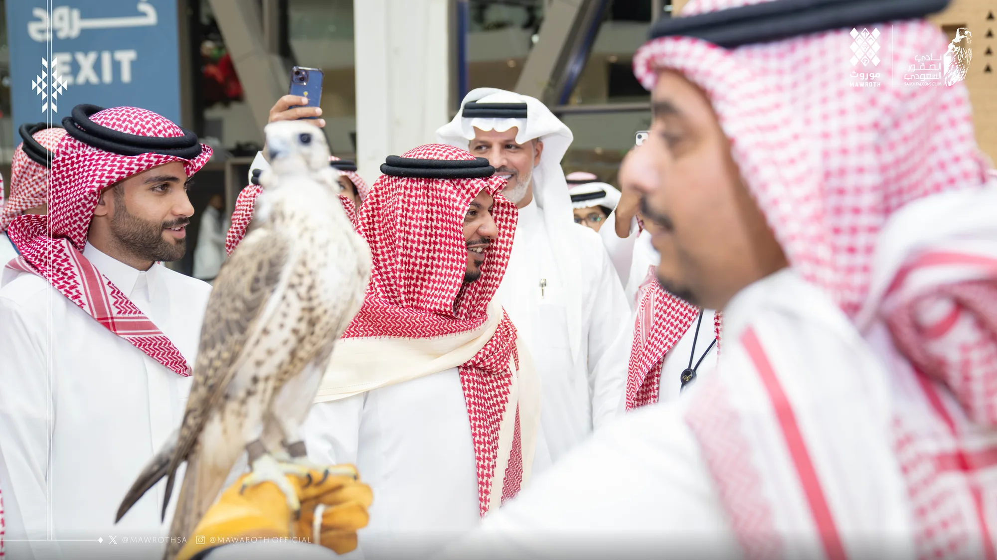 Delegation member holds a live falcon on a gloved fist at the exhibition, surrounded by officials — falconry heritage in practice
