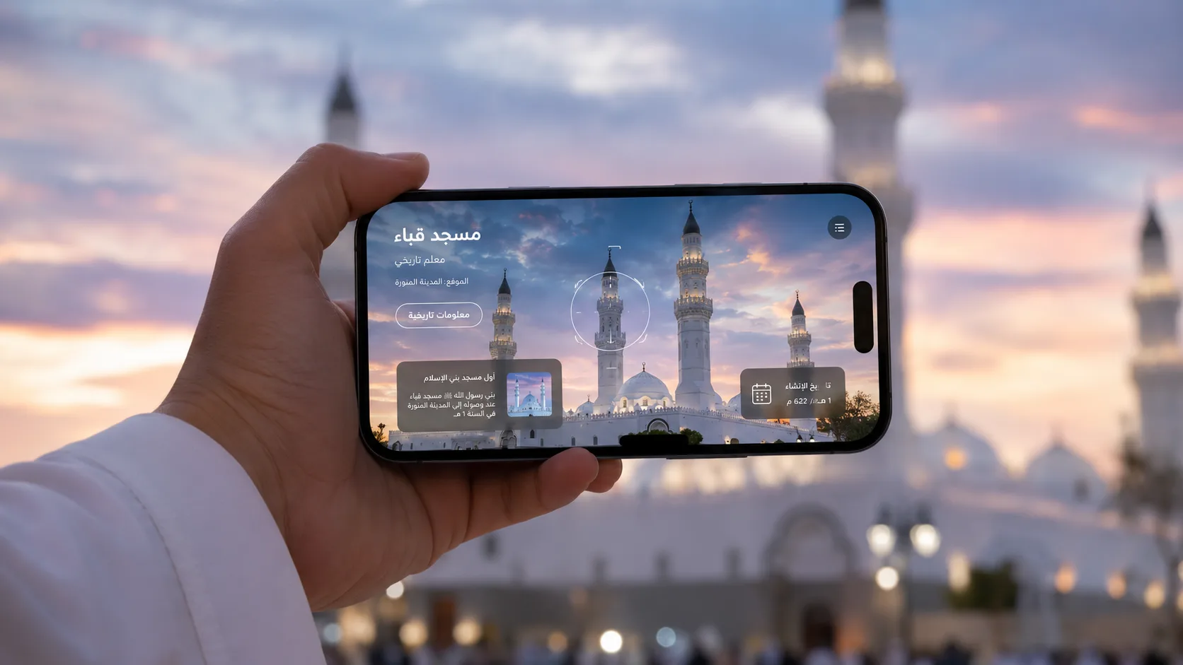 Hand holding a smartphone displaying the National Program heritage app for Masjid al-Nabi, with the actual mosque visible in the background at dusk
