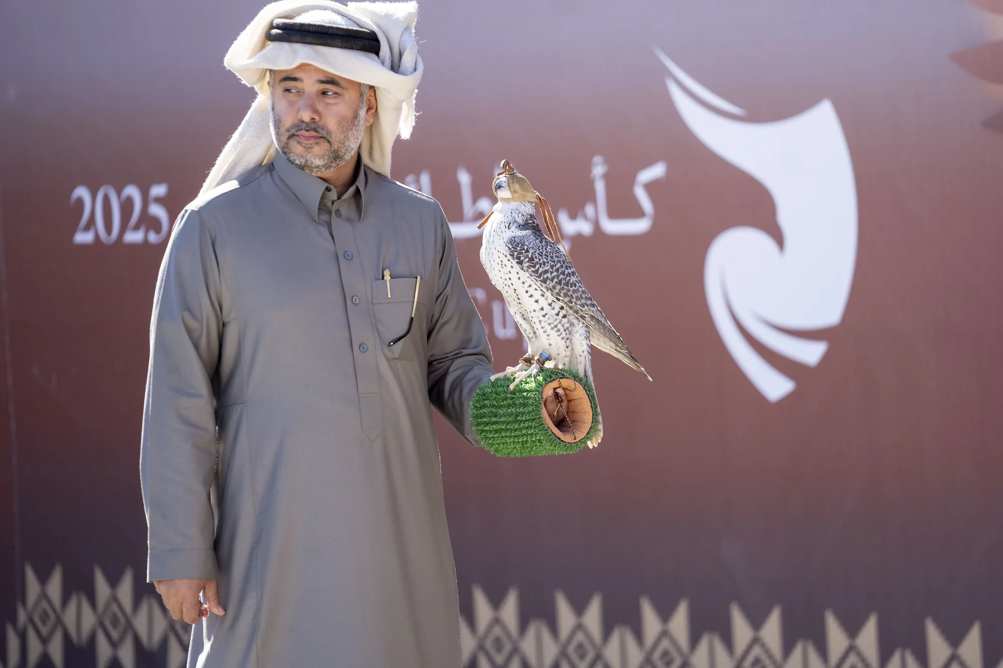Falconer holding a hooded Saker falcon on his fist in front of the official Taif Falcon Cup 2025 branded backdrop