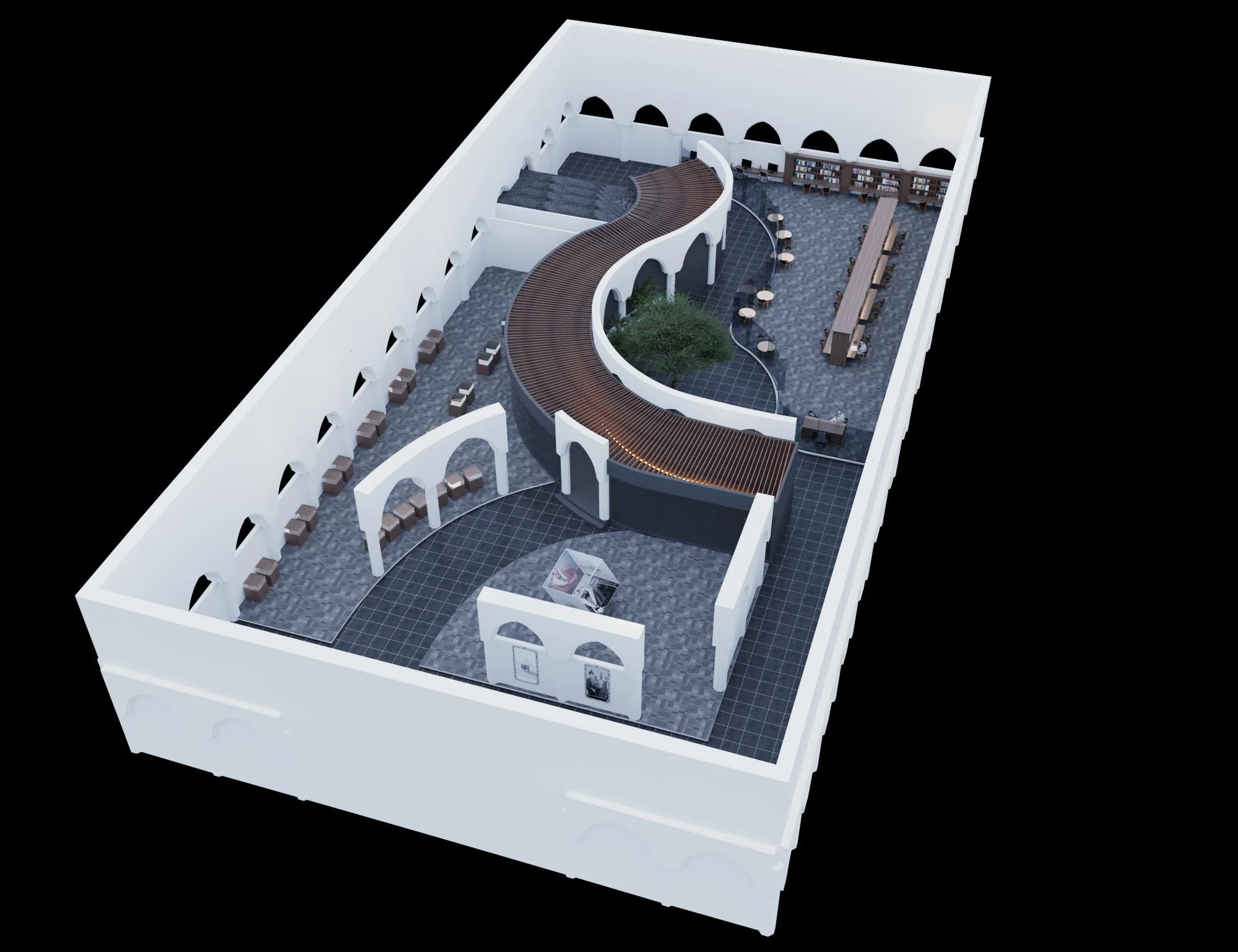Aerial isometric render of the Taif University exhibition hall showing the full spatial design: arched white walls, serpentine wooden walkway, reading clusters, and greenery