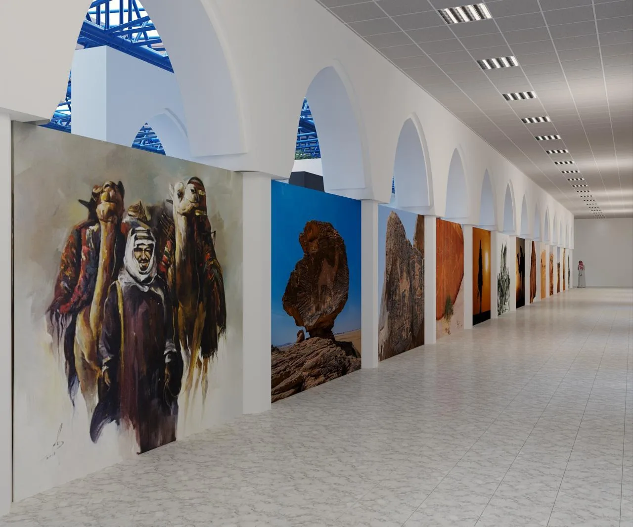 Ground-level render of the gallery corridor lined with large-format heritage artworks — camels, desert rock formations, and landscapes — framed by white archways