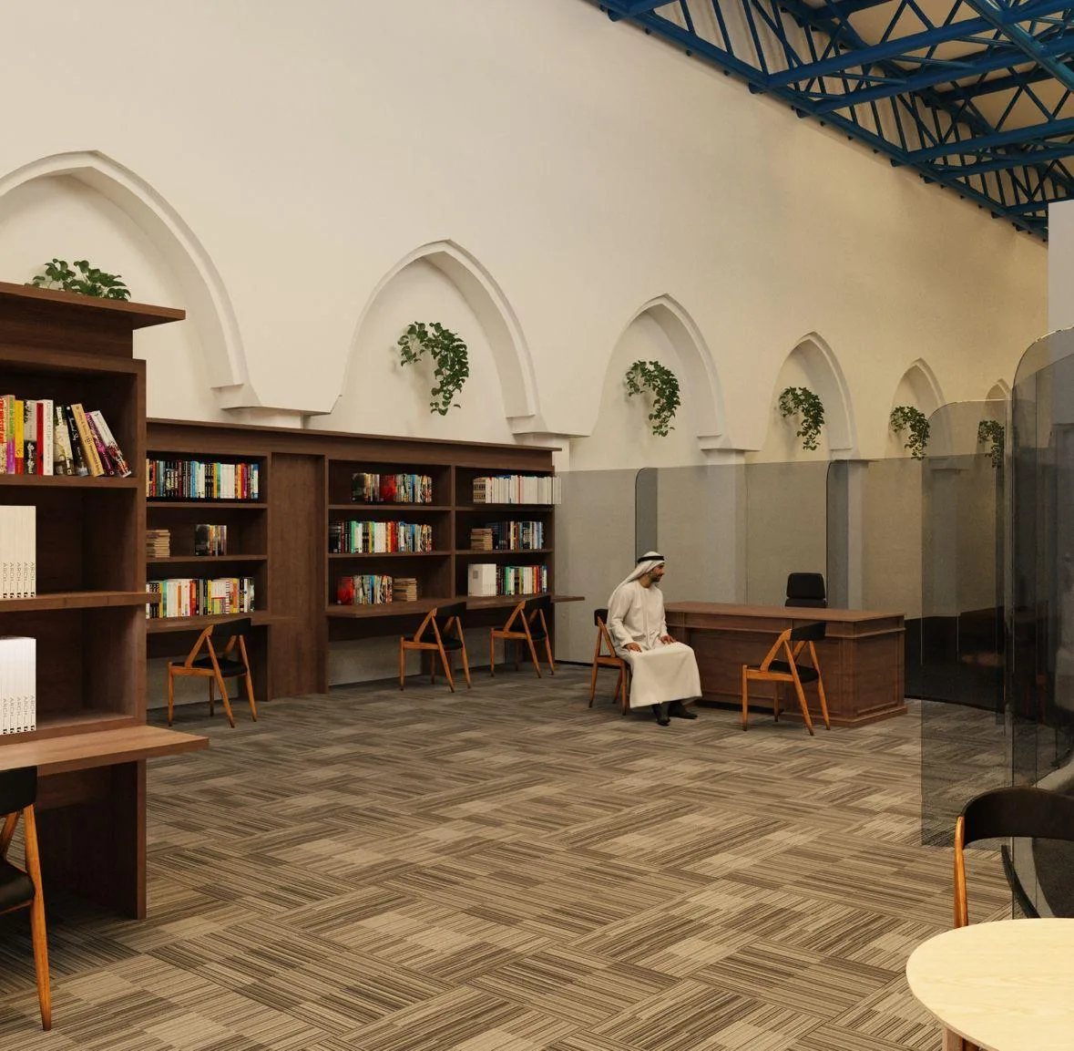 Interior render of the reading and study zone: wooden bookshelves set into pointed arched niches with trailing plants, a scholar seated at a desk, blue steel roof trusses above