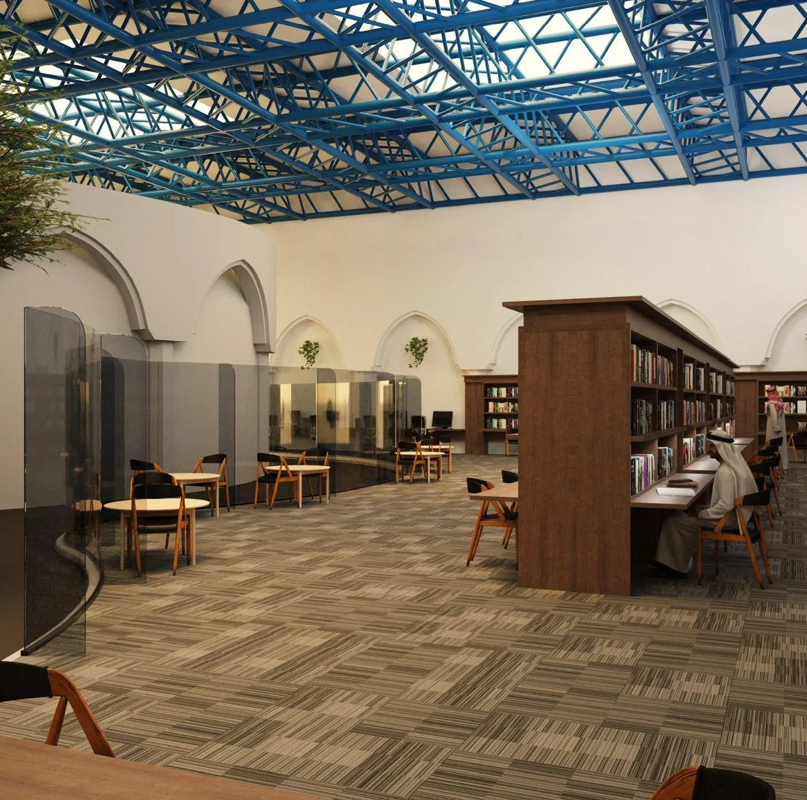 Wide-angle render of the library floor showing glass partition screens, open reading tables, bookshelf rows, and the blue exposed-steel roof structure