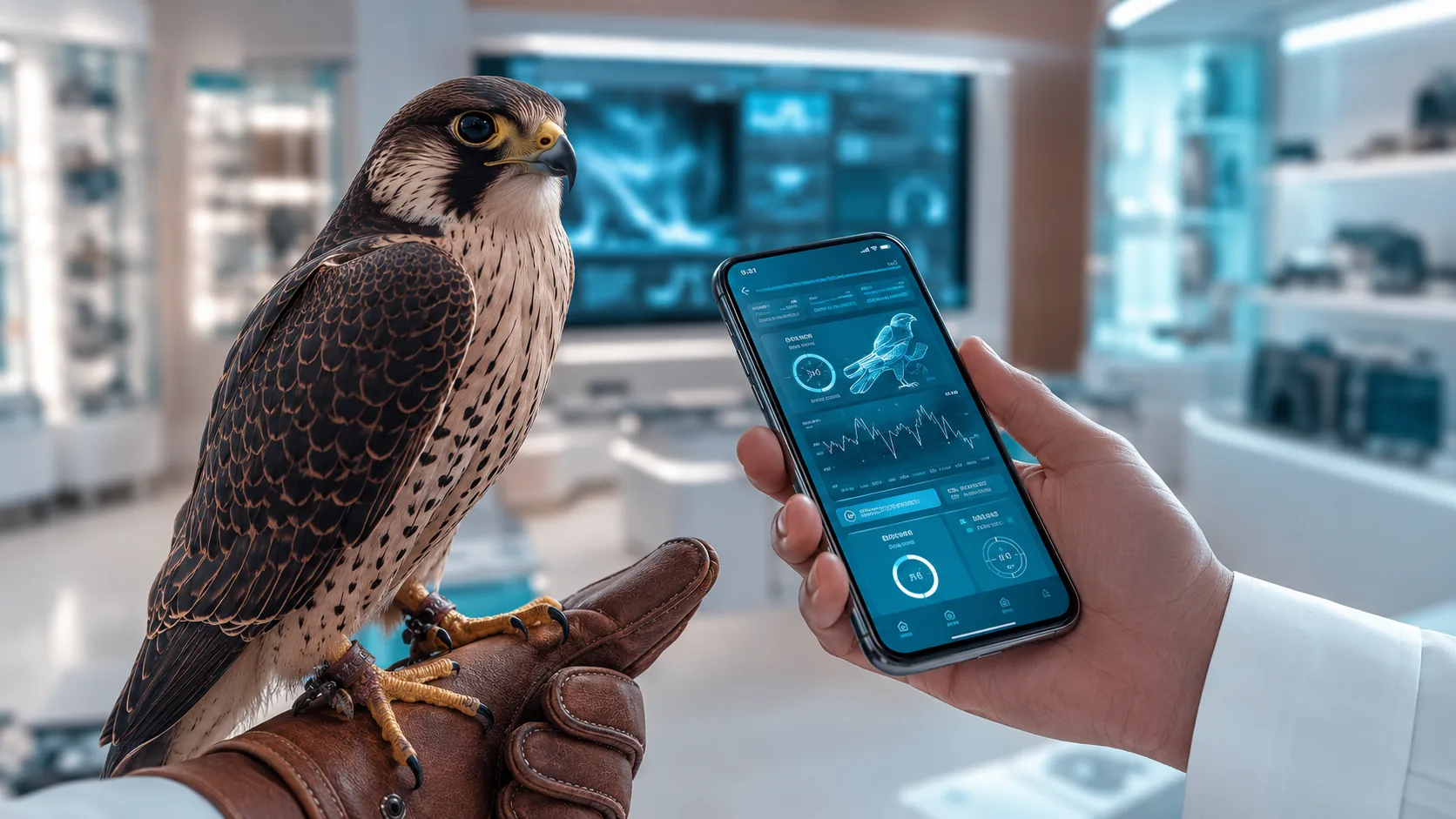 Falcon perched on gloved fist beside a hand holding a smartphone displaying the Thaqib AI health-analytics dashboard