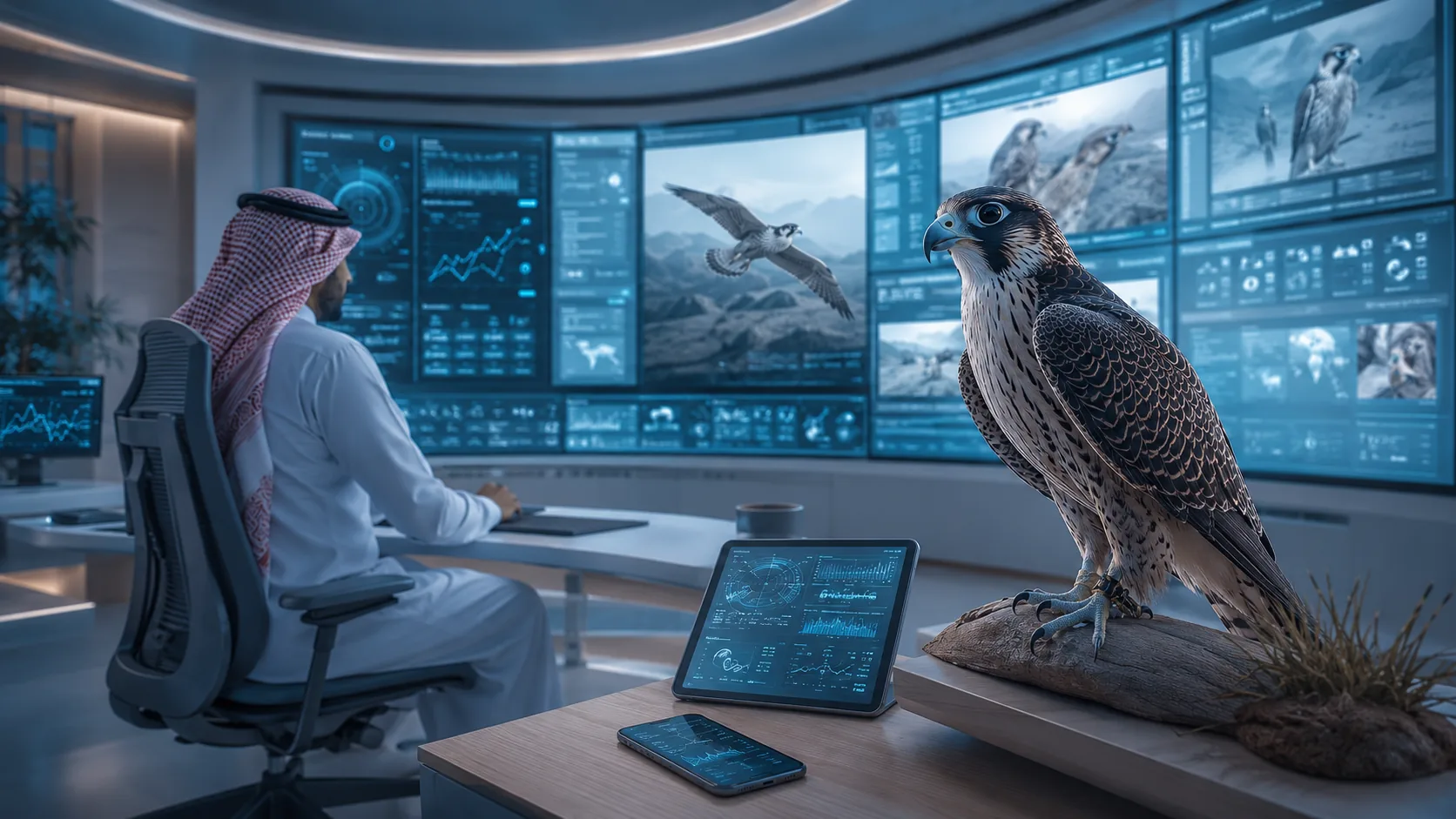 Saudi researcher at a curved command-centre workstation reviewing multi-screen falcon-behaviour analytics with a falcon perched on a block
