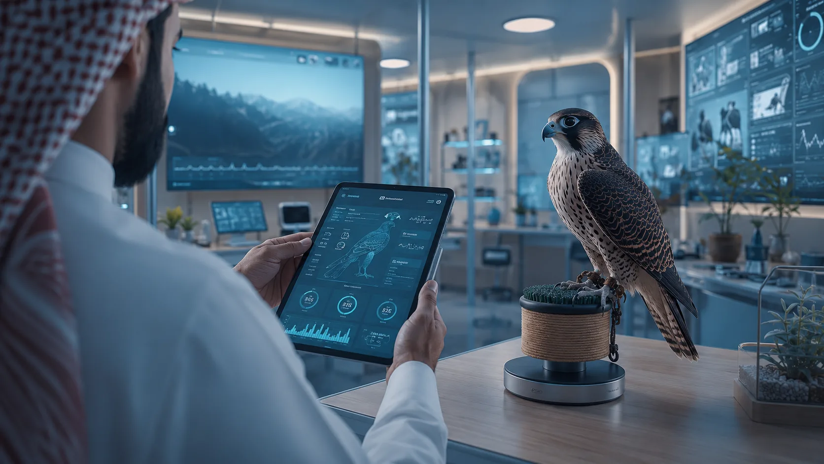 Saudi falconer in traditional dress reviewing the Thaqib app on a tablet while a falcon stands on a smart perch in a modern lab environment