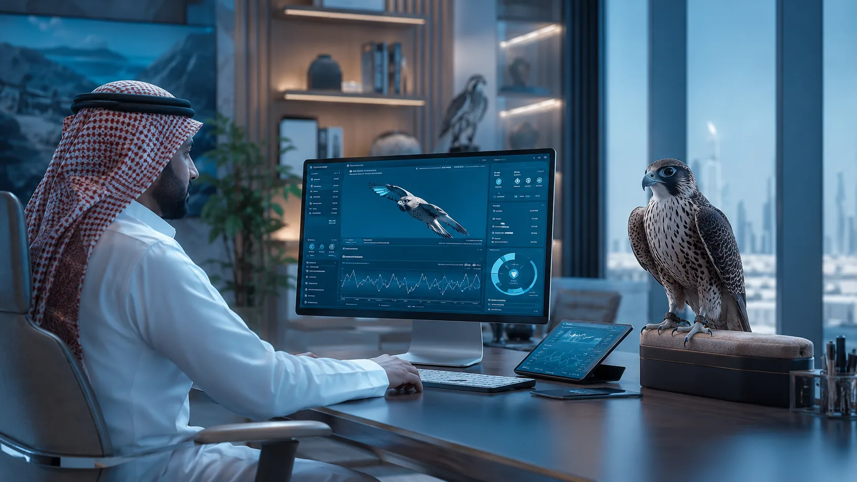 Saudi researcher studying the Thaqib AI dashboard on a large monitor at his desk, with a falcon perched beside him and a city skyline behind