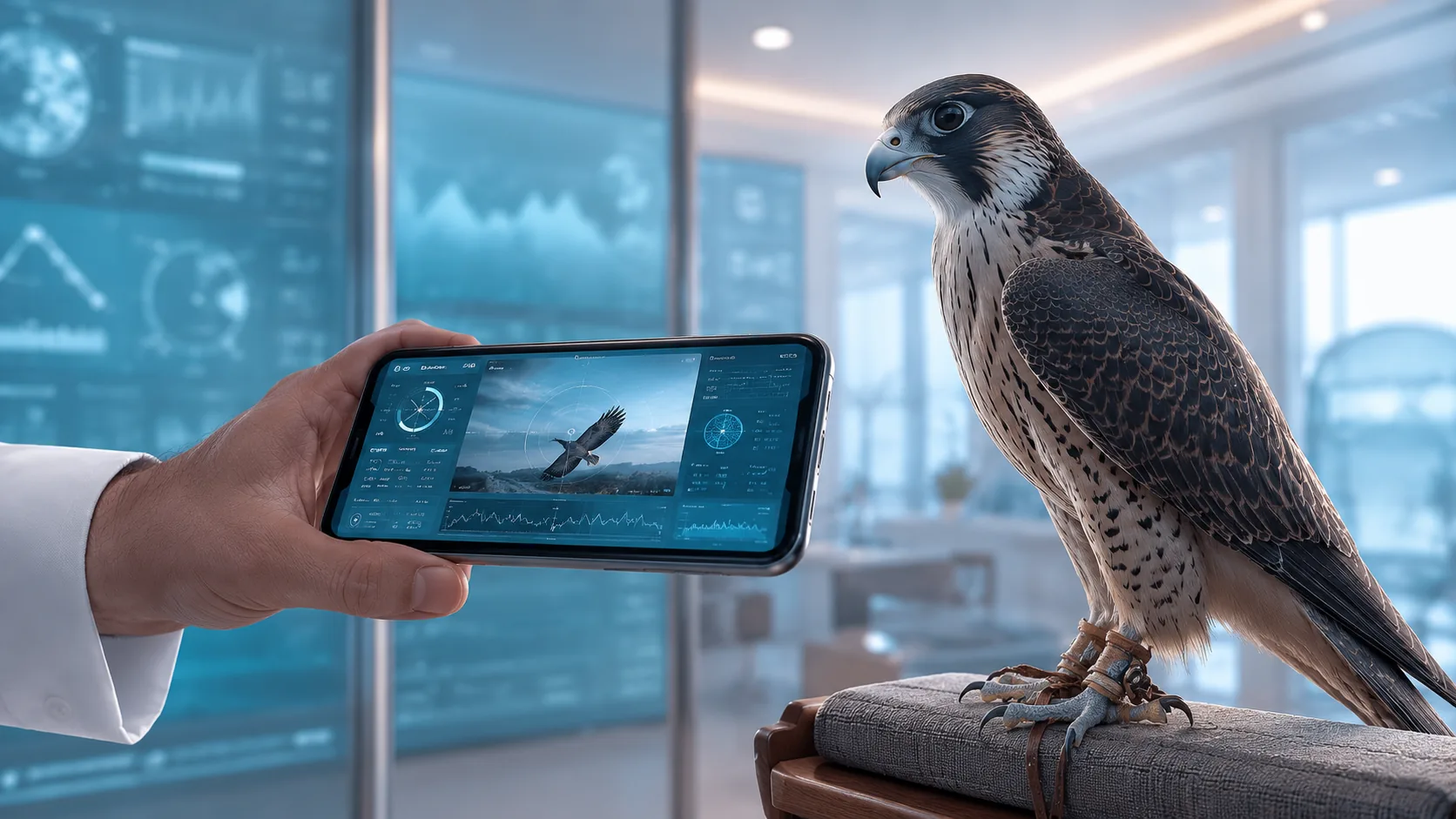 Close-up of a hand holding a smartphone scanning a live falcon; the app overlays real-time behavioral and biometric analytics on-screen