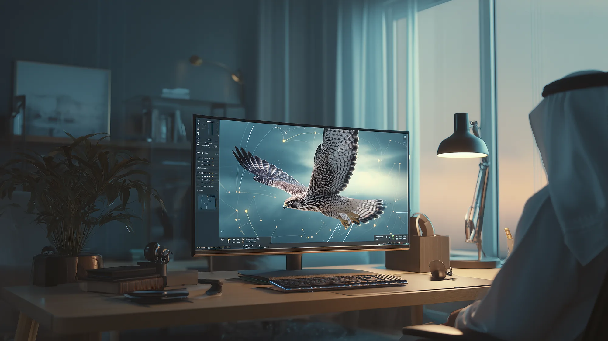 Saudi researcher at a home-office desk in subdued evening light reviewing a falcon-skeleton AI tracking visualisation on his monitor