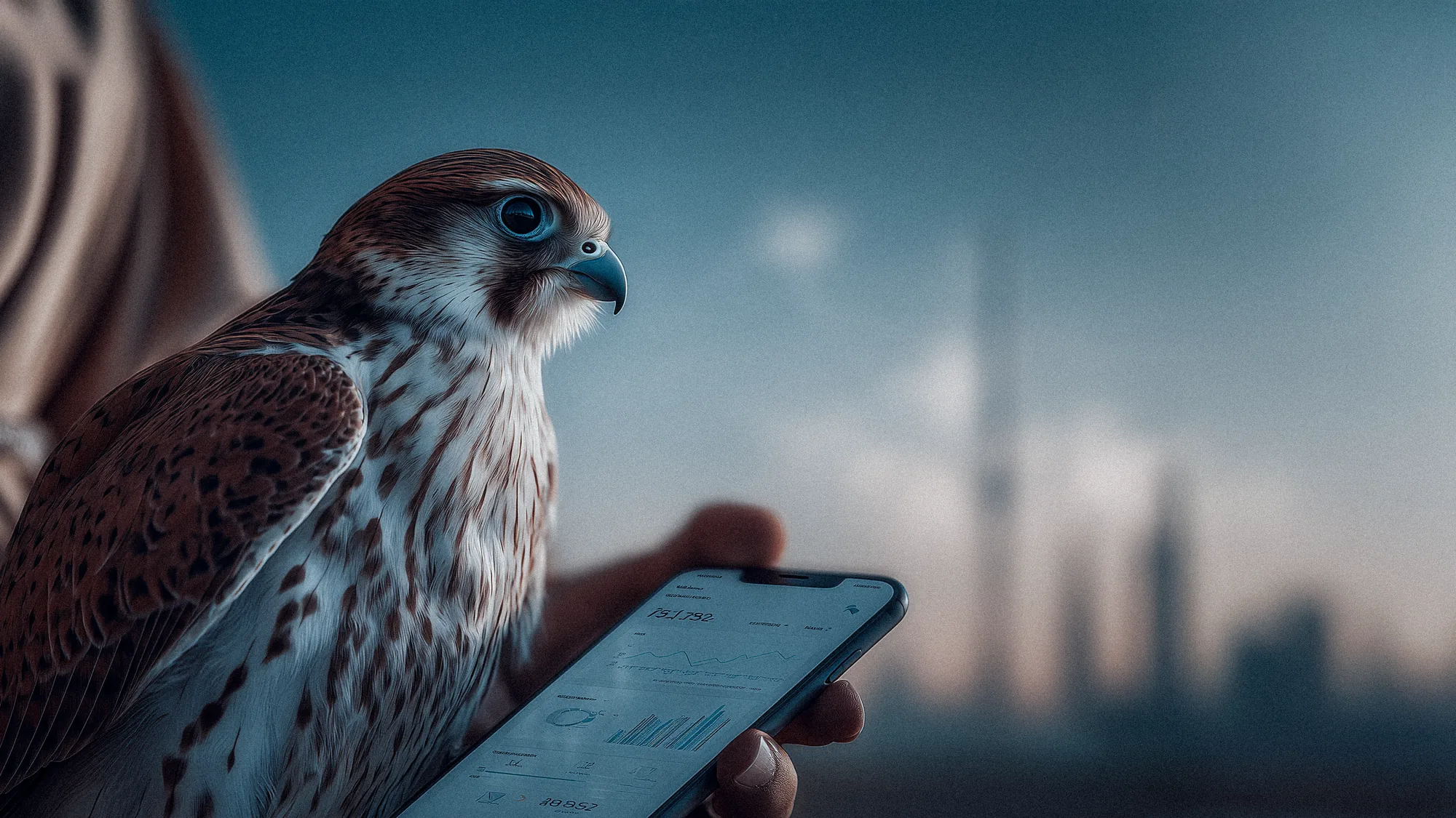 Falcon perched on a hand at dusk with a city skyline, a smartphone showing Thaqib data-analysis results visible in the foreground